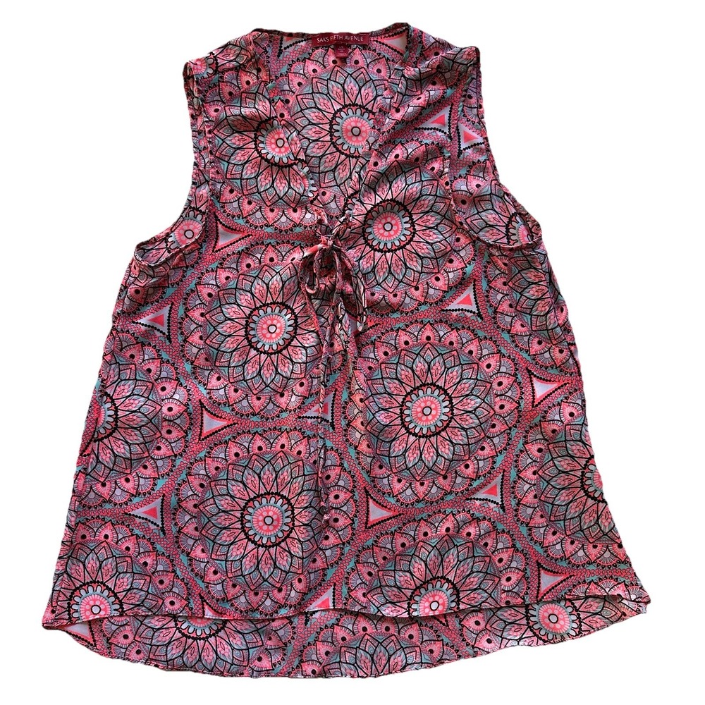 Saks Fifth Avenue Shirt‎ Tank Top Women's Large Floral Hot Pink Black Mandala